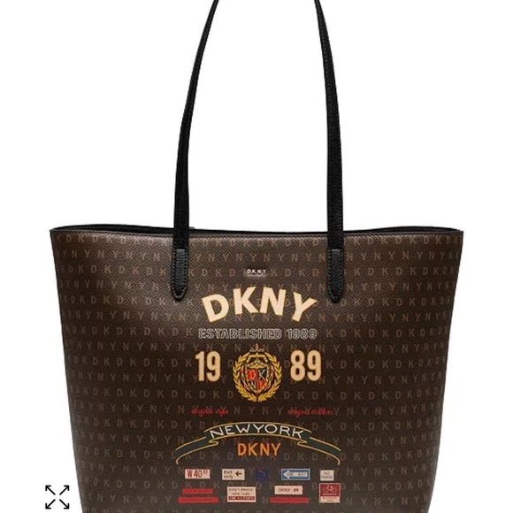 DKNY Dark Brown scarf print monogram Logo Tote EUC - Picture 1 of 13